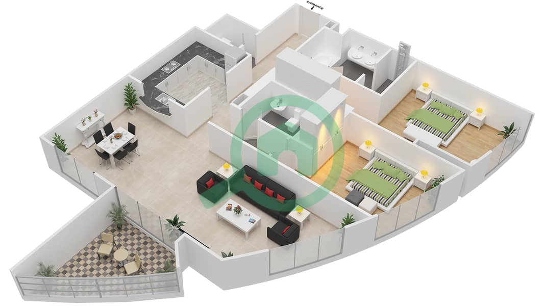 汇通东塔 - 2 卧室公寓单位2戶型图 interactive3D