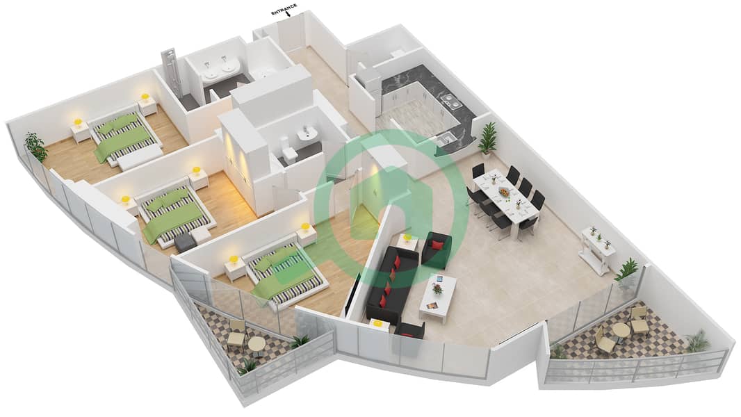 المخططات الطابقية لتصميم الوحدة 3 شقة 3 غرف نوم - ذا لينكس البرج الشرقي interactive3D