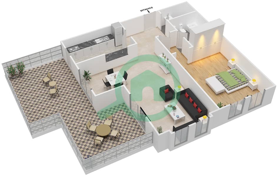 卡赫拉曼大楼 - 1 卧室公寓类型BA戶型图 interactive3D