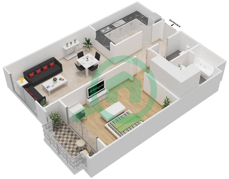 المخططات الطابقية لتصميم النموذج BB شقة 1 غرفة نوم - بناية كهرمان interactive3D