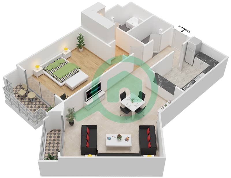 Bab Al Bahr Residences - 1 Bedroom Apartment Type BC Floor plan interactive3D