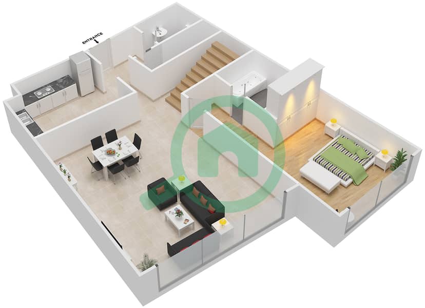 المخططات الطابقية لتصميم النموذج DUPLEX شقة 3 غرف نوم - باب البحر Lower Floor 11-14 interactive3D