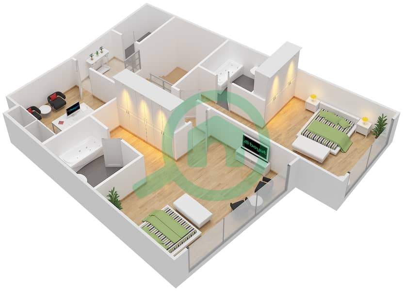 المخططات الطابقية لتصميم النموذج DUPLEX شقة 3 غرف نوم - باب البحر Upper Floor 11-14 interactive3D