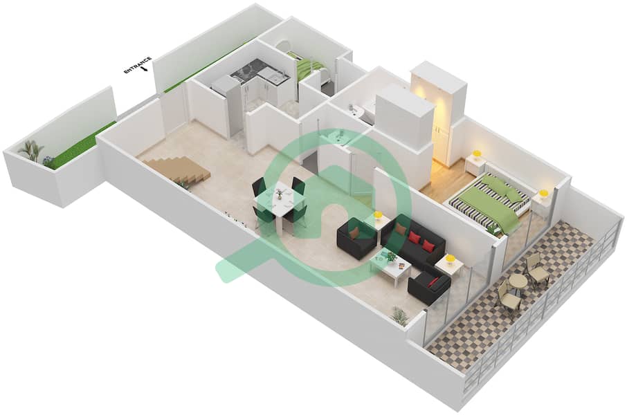 المخططات الطابقية لتصميم النموذج A تاون هاوس 3 غرف نوم - باب البحر Lower Floor interactive3D