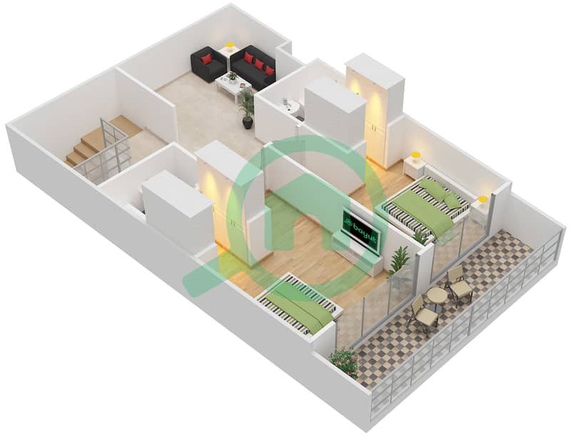 المخططات الطابقية لتصميم النموذج A تاون هاوس 3 غرف نوم - باب البحر Upper Floor interactive3D