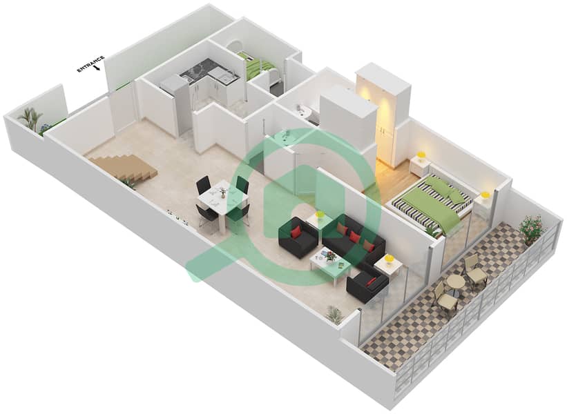المخططات الطابقية لتصميم النموذج B تاون هاوس 3 غرف نوم - باب البحر Lower Floor interactive3D
