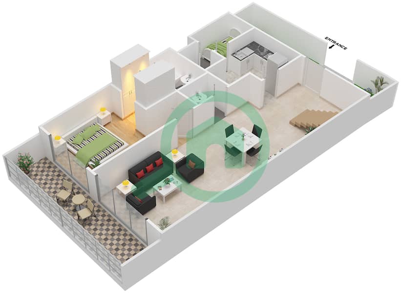 Баб Аль Бахр Резиденсес - Таунхаус 3 Cпальни планировка Тип D Lower Floor interactive3D