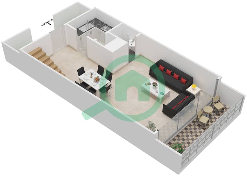 Баб Аль Бахр Резиденсес - Таунхаус 2 Cпальни планировка Тип C Lower Floor interactive3D