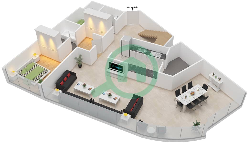 Баб Аль Бахр Резиденсес - Апартамент 4 Cпальни планировка Тип DUPLEX Lower Floor interactive3D