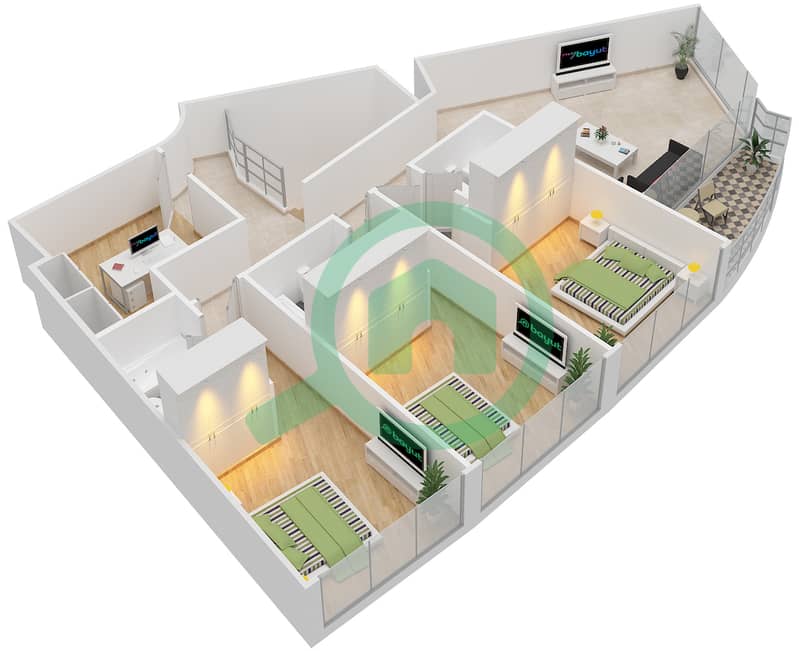 Баб Аль Бахр Резиденсес - Апартамент 4 Cпальни планировка Тип DUPLEX Upper floor interactive3D