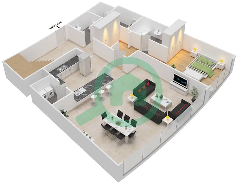 Баб Аль Бахр Резиденсес - Апартамент 3 Cпальни планировка Тип DUPLEX Lower Floor interactive3D