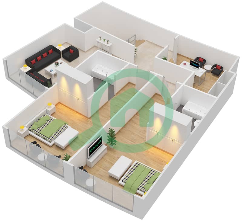 Баб Аль Бахр Резиденсес - Апартамент 3 Cпальни планировка Тип DUPLEX upper floor interactive3D