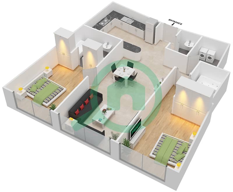 巴布-艾尔-巴赫尔公寓 - 2 卧室公寓类型3戶型图 interactive3D