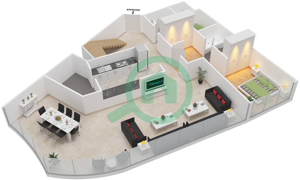 المخططات الطابقية لتصميم النموذج DUPLEX A شقة 4 غرف نوم - باب البحر Lower Floor interactive3D