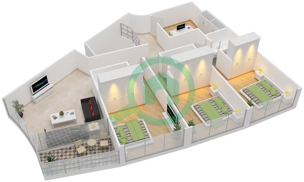 Баб Аль Бахр Резиденсес - Апартамент 4 Cпальни планировка Тип DUPLEX A upper floor interactive3D