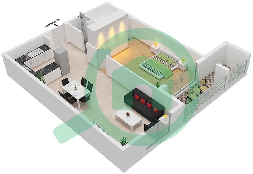 المخططات الطابقية لتصميم النموذج A شقة 1 غرفة نوم - إنديجو سبكتروم 1 interactive3D