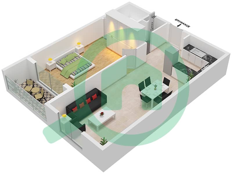 المخططات الطابقية لتصميم النموذج B شقة 1 غرفة نوم - إنديجو سبكتروم 1 interactive3D