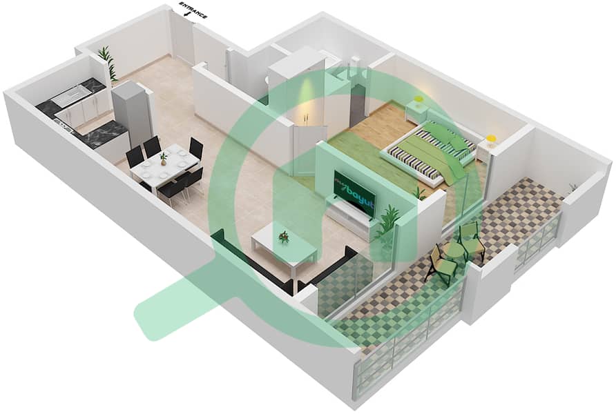 المخططات الطابقية لتصميم النموذج E شقة 1 غرفة نوم - إنديجو سبكتروم 1 interactive3D