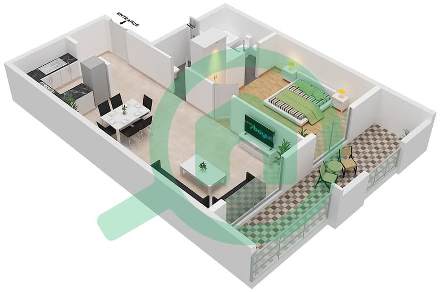 المخططات الطابقية لتصميم النموذج F شقة 1 غرفة نوم - إنديجو سبكتروم 1 interactive3D