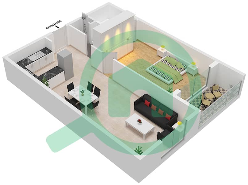 المخططات الطابقية لتصميم النموذج I شقة 1 غرفة نوم - إنديجو سبكتروم 1 interactive3D