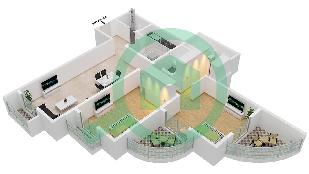المخططات الطابقية لتصميم النموذج K شقة 2 غرفة نوم - إنديجو سبكتروم 1 interactive3D