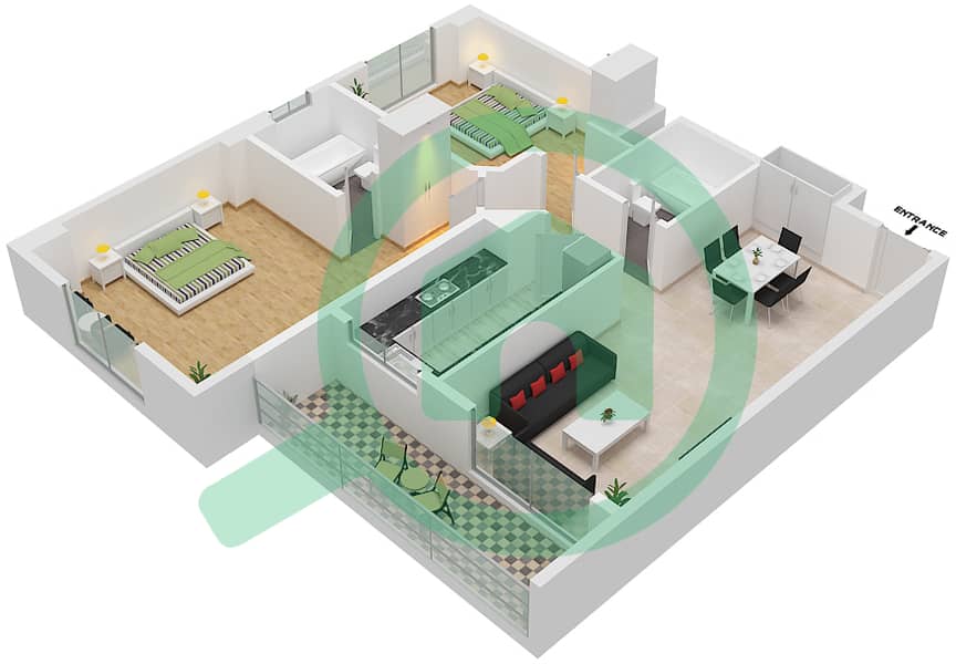 المخططات الطابقية لتصميم النموذج M شقة 2 غرفة نوم - إنديجو سبكتروم 1 interactive3D