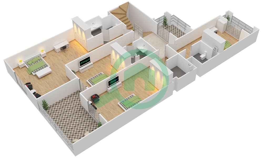 المخططات الطابقية لتصميم النموذج B فیلا 4 غرف نوم - بيتي First Floor interactive3D