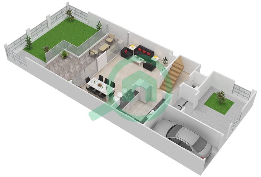 المخططات الطابقية لتصميم النموذج B فیلا 4 غرف نوم - بيتي Ground Floor interactive3D