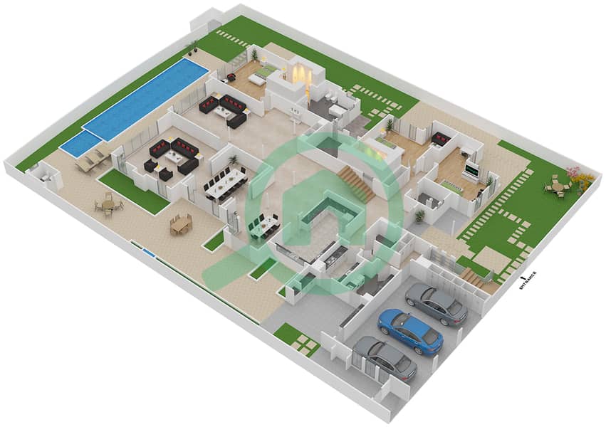 المخططات الطابقية لتصميم النموذج C6 فیلا 6 غرف نوم - ذا ريزيدنسيز Ground Floor interactive3D