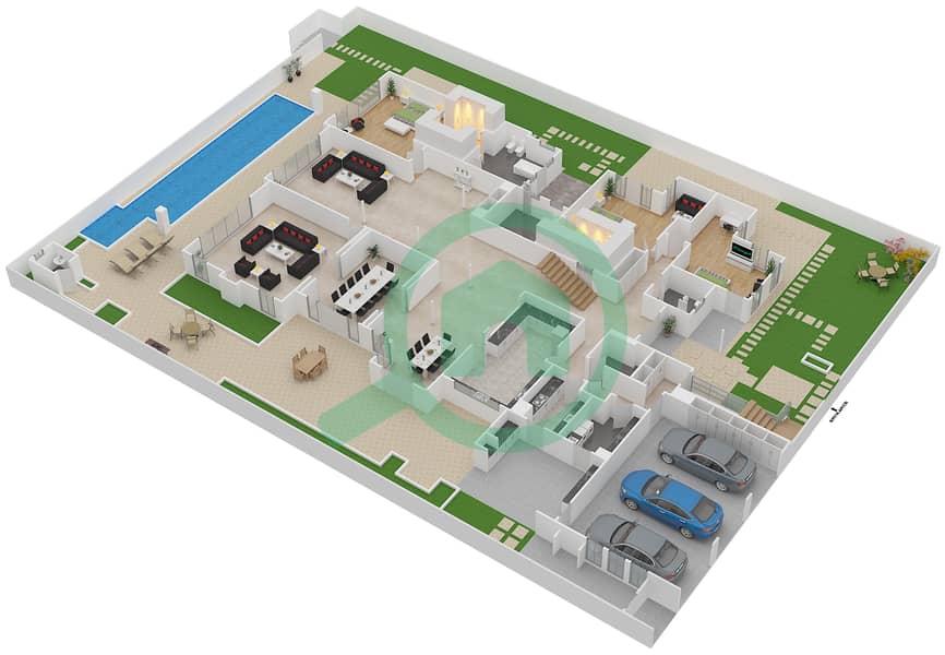 المخططات الطابقية لتصميم النموذج C5 فیلا 6 غرف نوم - ذا ريزيدنسيز Ground Floor interactive3D