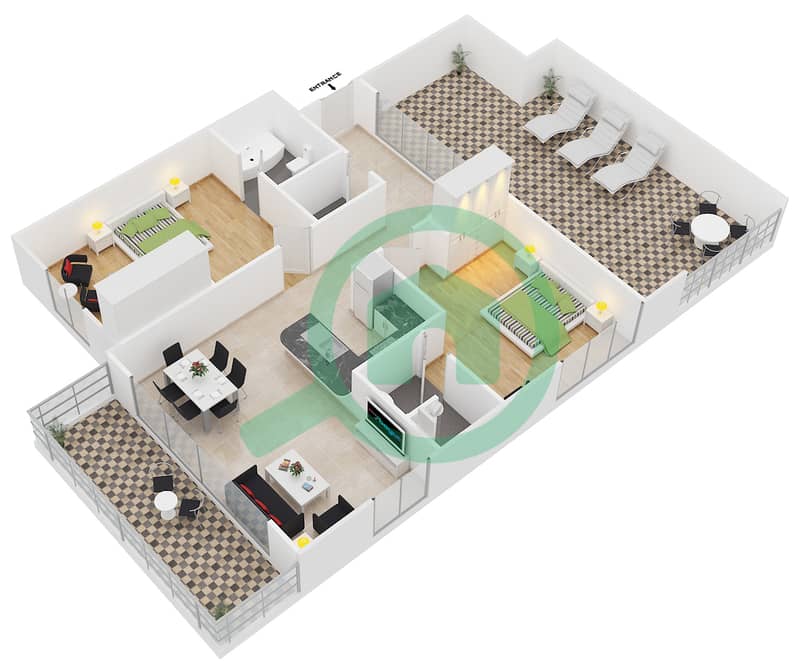 德兹雷公寓 - 2 卧室公寓类型2戶型图 interactive3D
