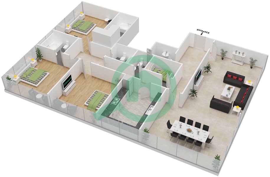 المخططات الطابقية لتصميم النموذج A شقة 3 غرف نوم - برج الأريام interactive3D