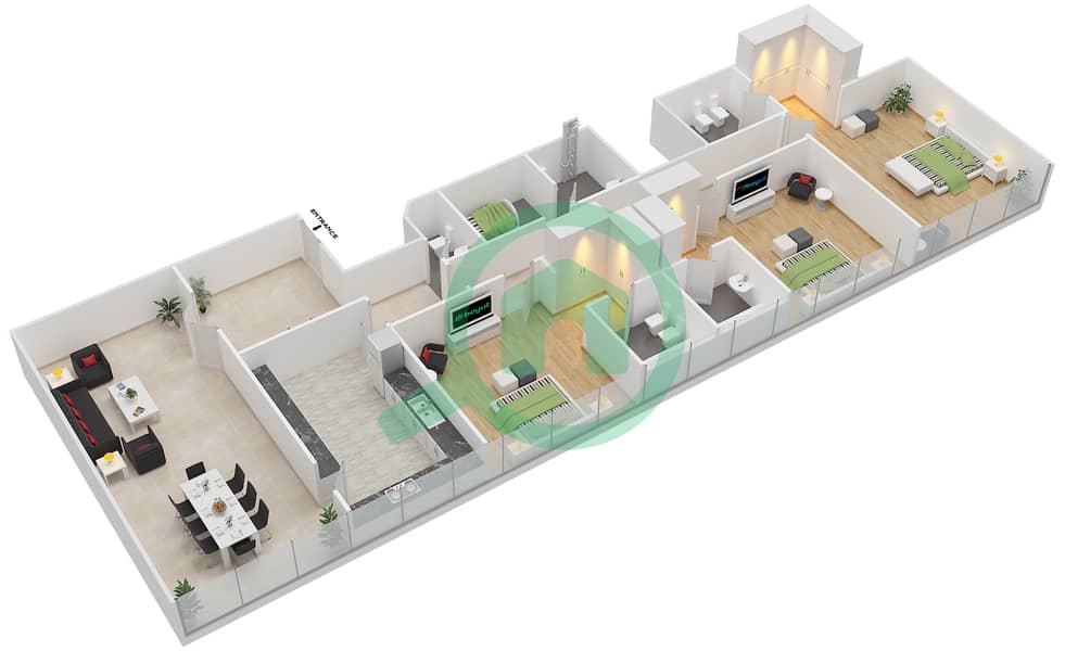 المخططات الطابقية لتصميم النموذج B شقة 3 غرف نوم - برج الأريام interactive3D