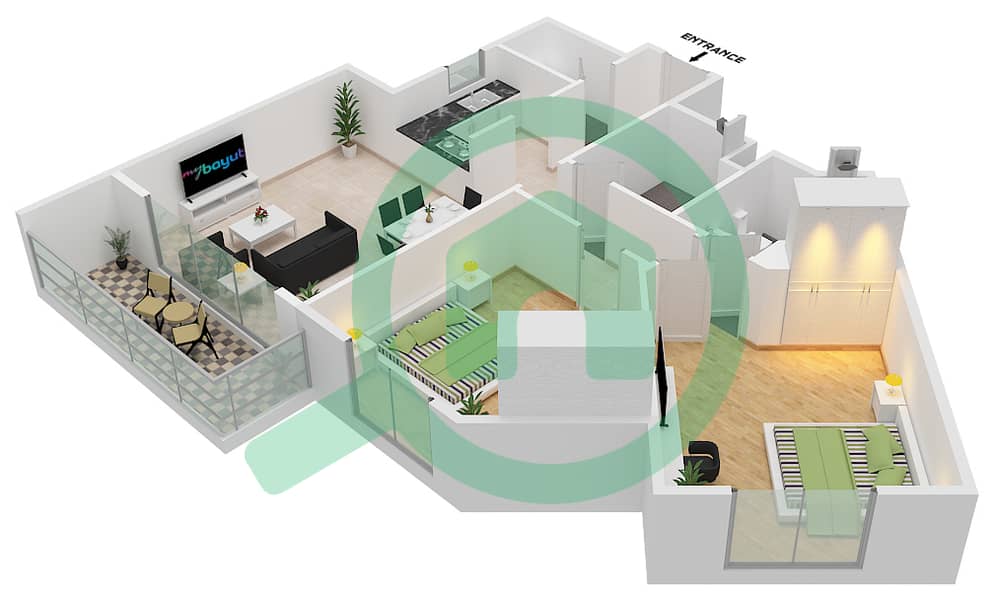 Al Reef Downtown - 2 Bedroom Apartment Type 2E-T Floor plan interactive3D