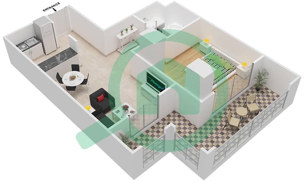 المخططات الطابقية لتصميم النموذج 2 شقة 1 غرفة نوم - رويال بريز1 interactive3D