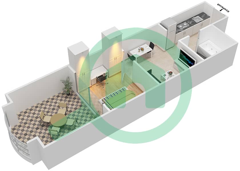御风公寓1号 - 1 卧室公寓类型3戶型图 interactive3D