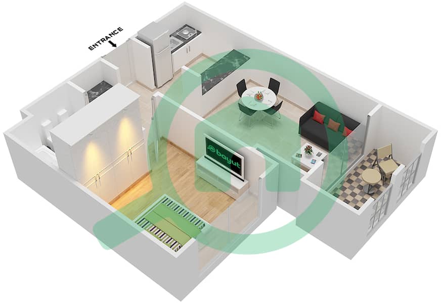 المخططات الطابقية لتصميم النموذج 4 شقة 1 غرفة نوم - رويال بريز1 interactive3D