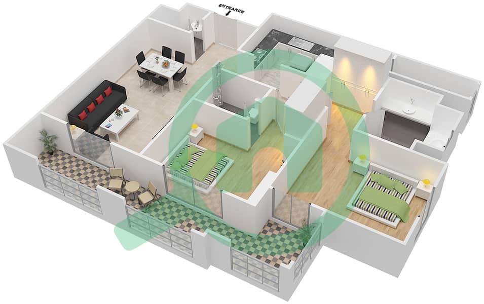 Royal Breeze 1 - 2 Bedroom Apartment Type 1 Floor plan interactive3D