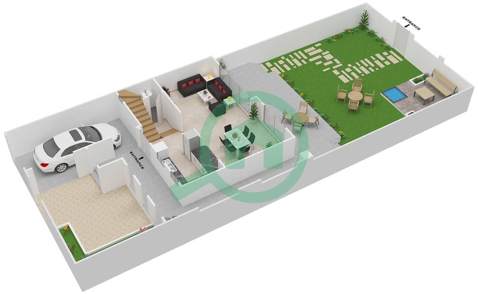 Al Hamra Village Town Houses - 3 Bedroom Townhouse Type A Floor plan Ground Floor interactive3D