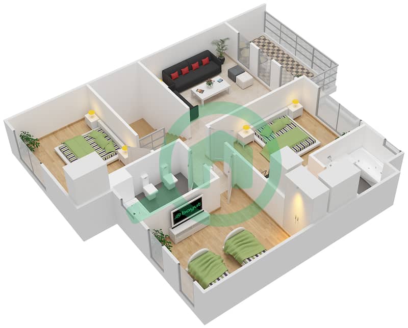 Al Hamra Village Town Houses - 3 Bedroom Townhouse Type A Floor plan First Floor interactive3D