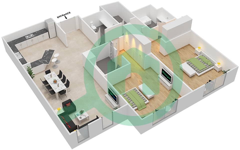 المخططات الطابقية لتصميم النموذج A شقة 2 غرفة نوم - طراز معاصر interactive3D