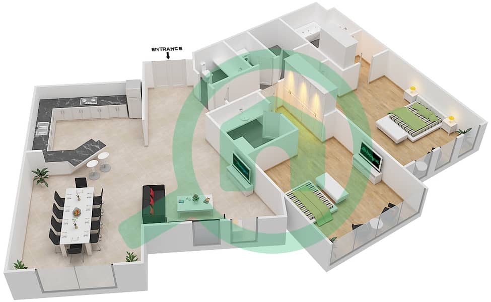 现代风格区 - 2 卧室公寓类型B戶型图 interactive3D