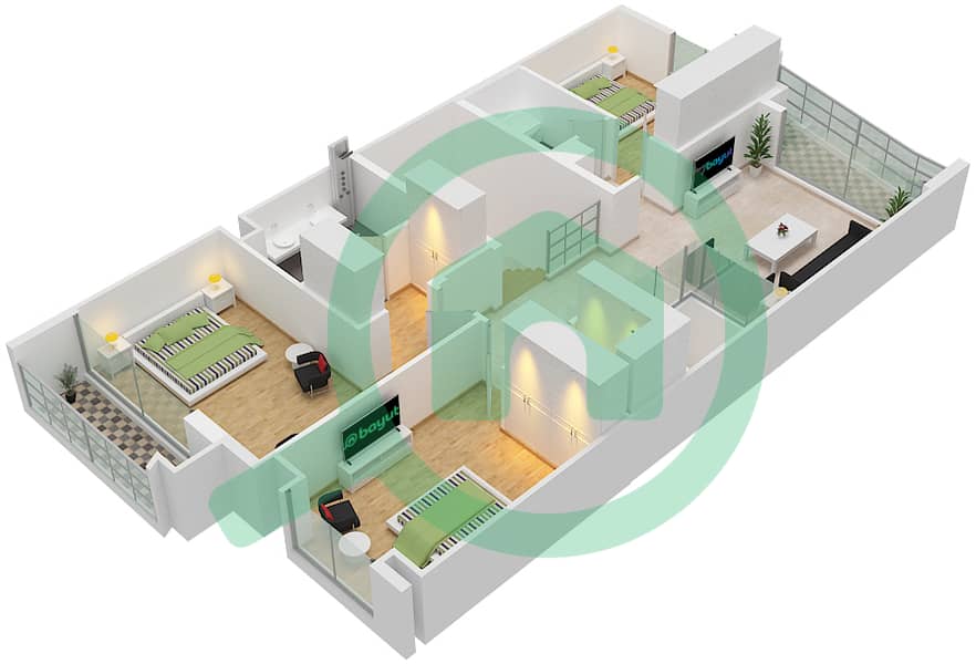 المخططات الطابقية لتصميم النموذج D1 فیلا 3 غرف نوم - فلل ماربيا First Floor interactive3D