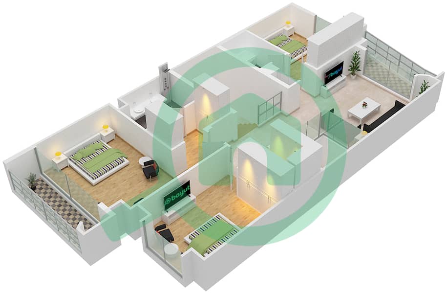 المخططات الطابقية لتصميم النموذج E1 فیلا 3 غرف نوم - فلل ماربيا First Floor interactive3D