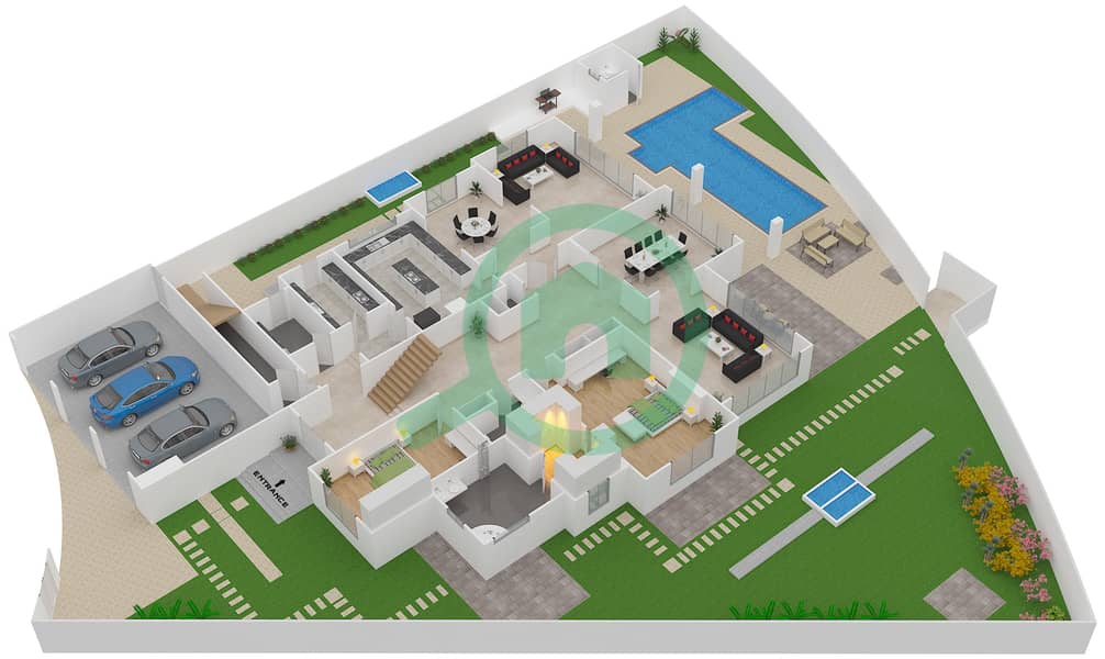 المخططات الطابقية لتصميم النموذج B فیلا 7 غرف نوم - ذا ريزيدنسيز Ground Floor interactive3D