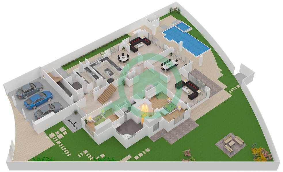 المخططات الطابقية لتصميم النموذج A فیلا 7 غرف نوم - ذا ريزيدنسيز Ground Floor interactive3D