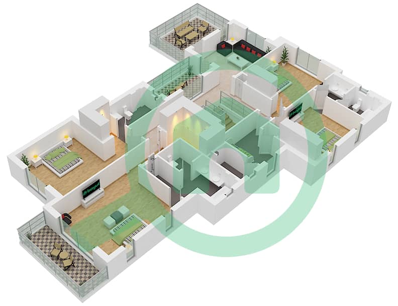 المخططات الطابقية لتصميم النموذج 4 فیلا 6 غرف نوم - أصيل First Floor interactive3D