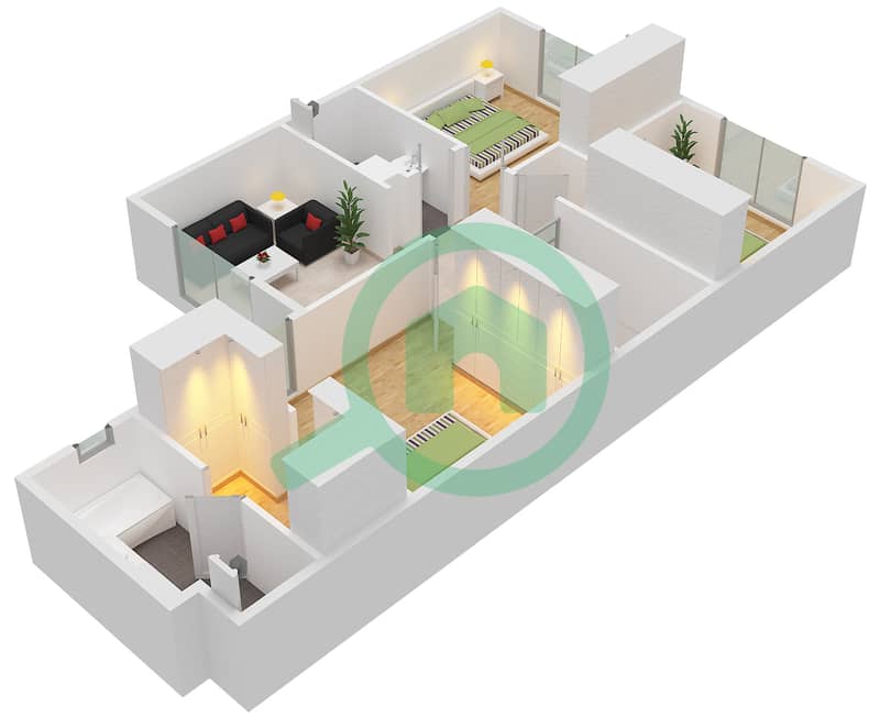 المخططات الطابقية لتصميم النموذج / الوحدة D فیلا 3 غرف نوم - مدينة الشارقة المستدامة First Floor interactive3D
