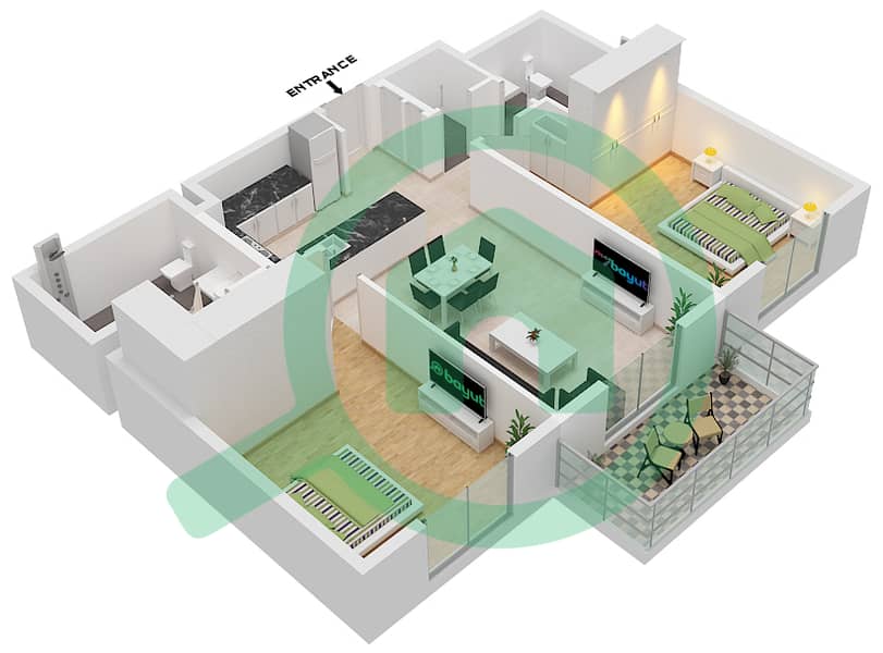 المخططات الطابقية لتصميم النموذج A شقة 2 غرفة نوم - إيتون بليس interactive3D
