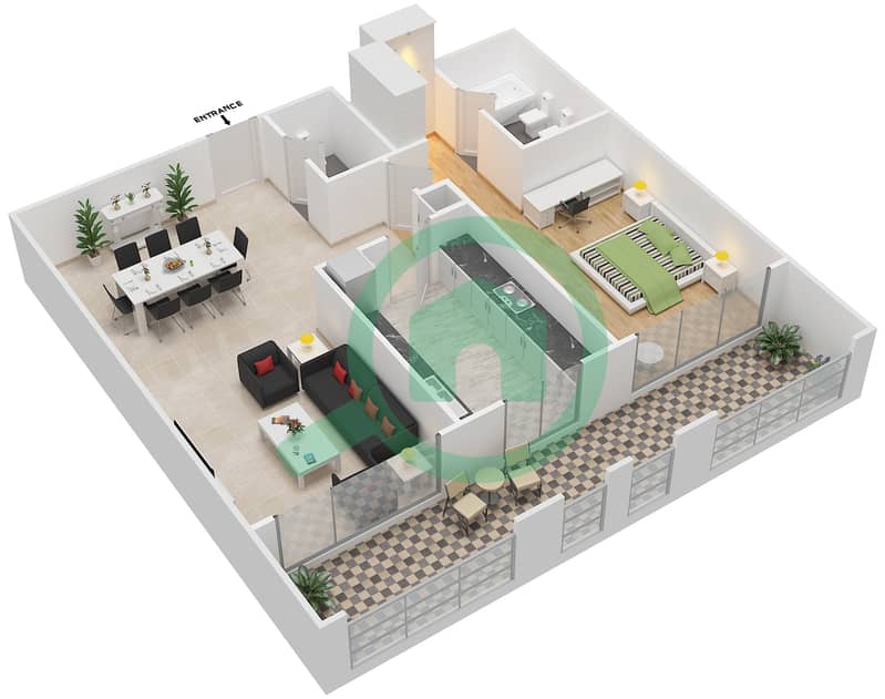 المخططات الطابقية لتصميم النموذج A شقة 1 غرفة نوم - شقق الحمراء فيليج جولف interactive3D